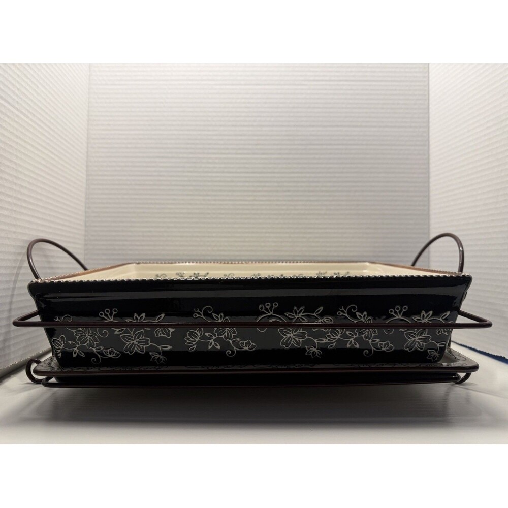 Temp-tations Floral Lace 13x9 Baking Dish Black Brown 4 QT Rack,Lid Hot Plate